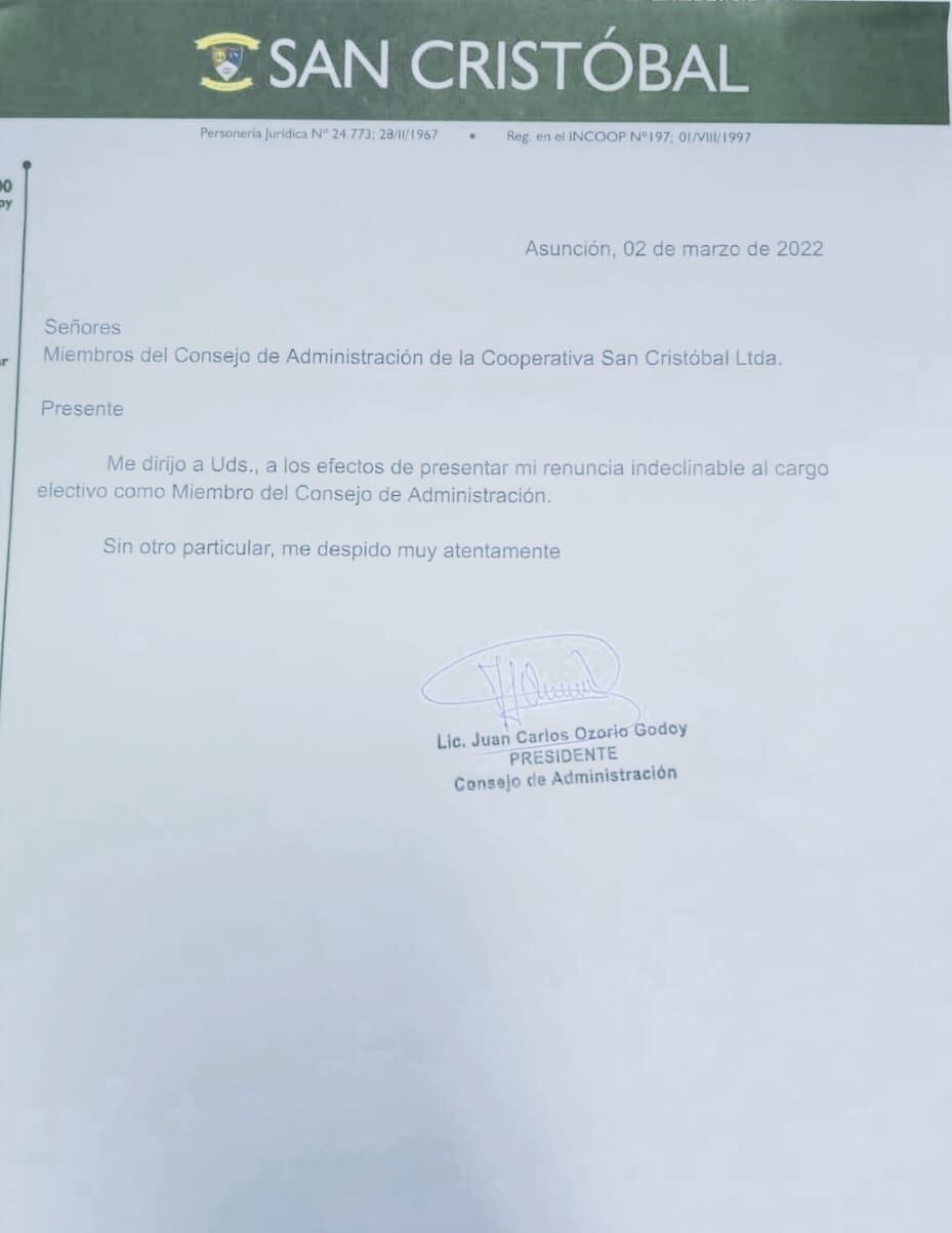 Renuncia de Juan Carlos Ozorio presentada a la Cooperativa San Cristóbal. Foto: Gentileza.