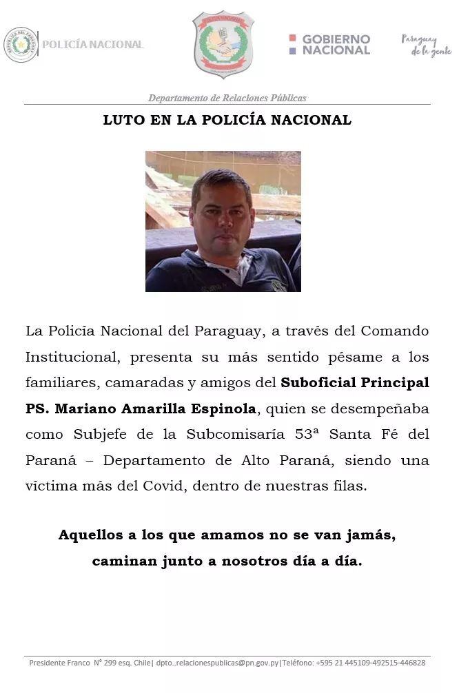 El uniformado había dado positivo al COVID-19 el pasado 16 de abril, según informaron. Foto: Gentileza.