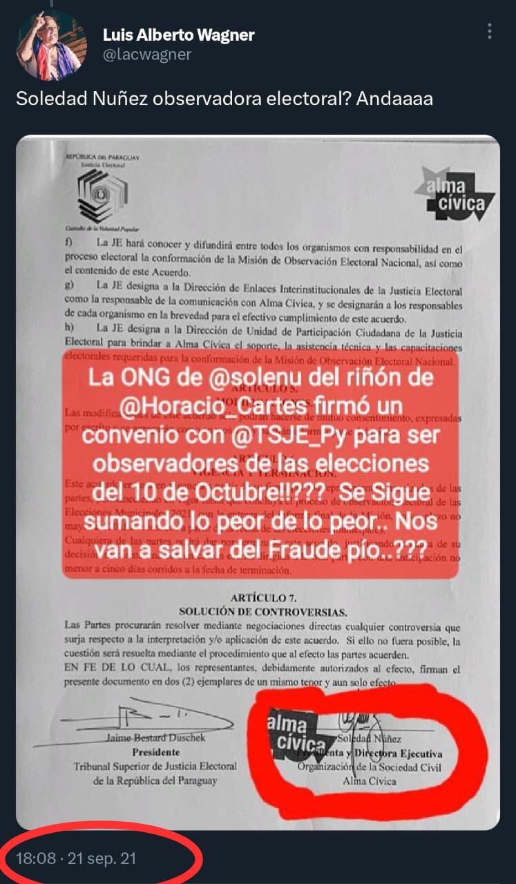 Luis Alberto Wagner había repudiado el intento de injerencia de Soledad Núñez en las elecciones municipales, a través de su ONG Alma Cívica. Foto: Captura de pantalla.