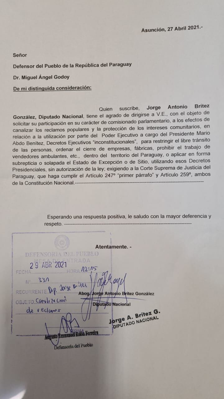 Nota presentada por el diputado altoparanaense. Foto: Gentileza. 