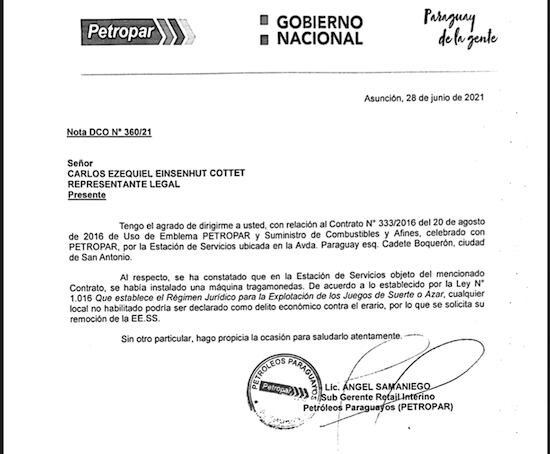 Intimación a operador de emblema Petropar que retire las máquinas de la estación de servicios de San Antonio.