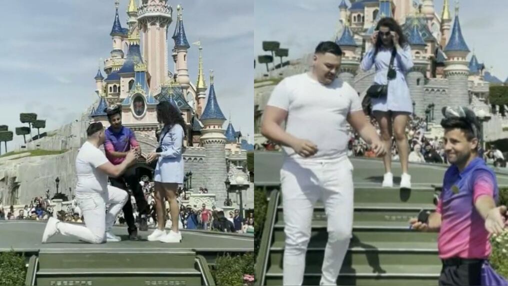 En plena propuesta de matrimonio, un empleado de Disneyland Paris tomó el anillo de compromiso e invitó a los novios que se bajen de una tarima. Foto: Gentileza.