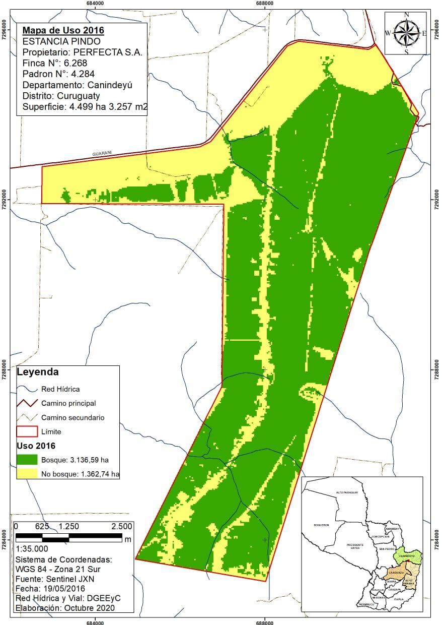 Un mapa del año 2016 muestra la situación de la zona ocupada en el interior de la estancia Pindó. Foto: Gentileza.