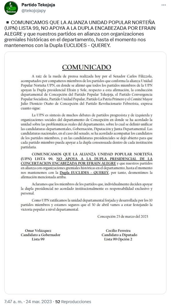 El Partido Tekojoja oficializó el rechazo de la Alianza Unidad Popular Norteña (UPN) a la candidatura de Efraín Alegre. Foto: @tekojojapy.