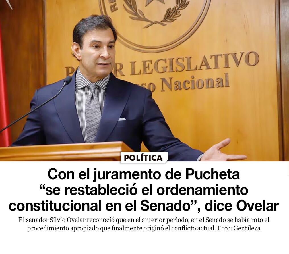 Con el juramento de Pucheta “se restableció el ordenamiento constitucional en el Senado”, dice Ovelar