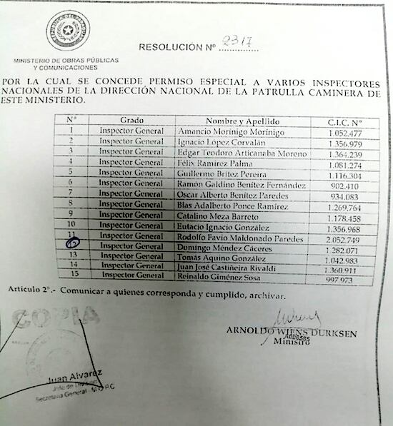 Permiso otorgado por el ministro Arnoldo Wiens a los planilleros vip.