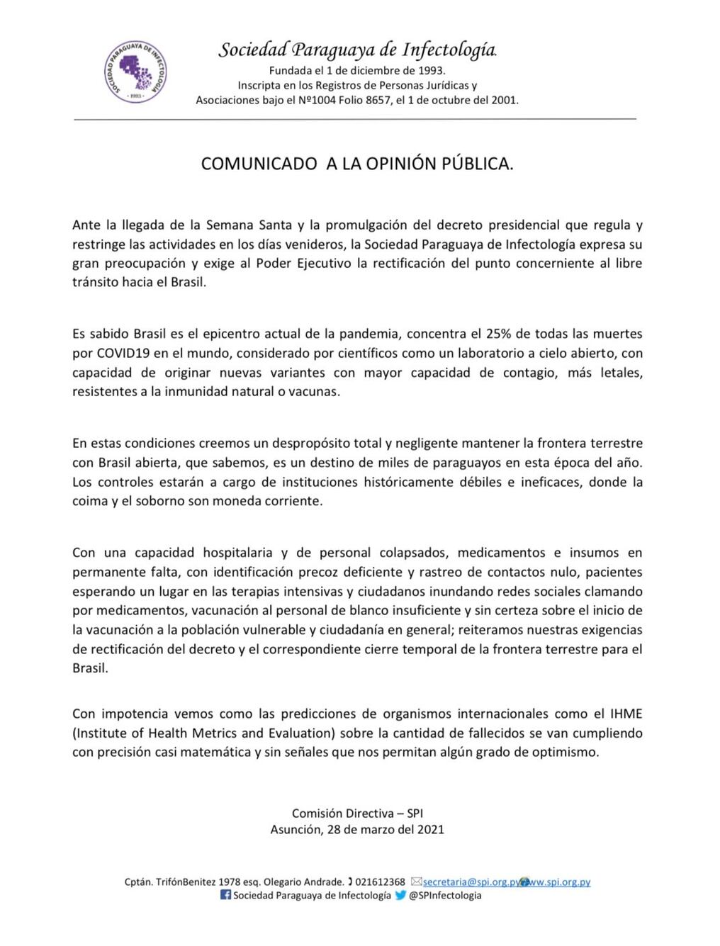 Comunicado del gremio de médicos preocupados por la situación de la pandemia en el país. Foto: Gentileza