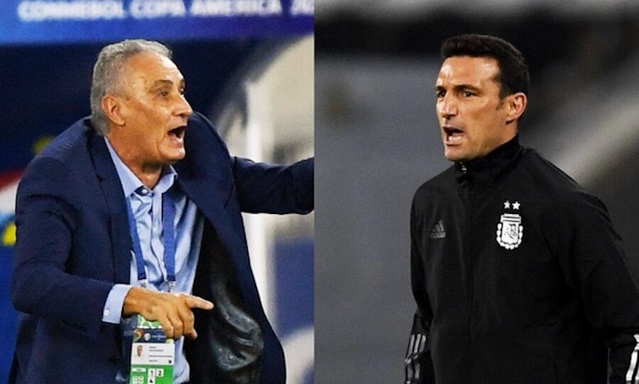 Tite, entrenador de Brasil, y Lionel Scaloni, técnico de Argentina. Ambos se cruzaron en 3 oportunidades, con 2 victorias del verde amarillo
y una del albiceleste.FOTO:@COPA AMÉRICA