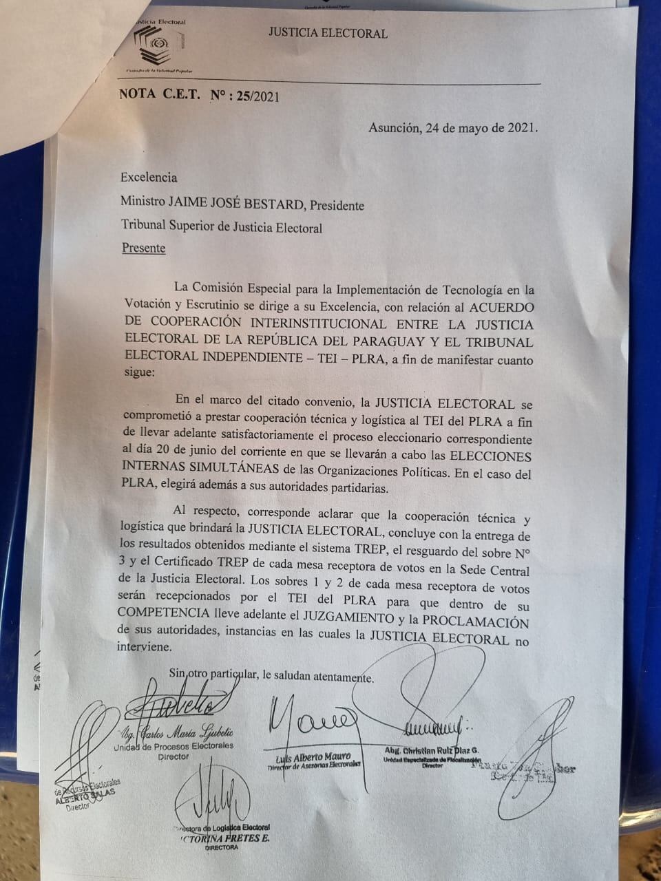 Nota remitida al presidente del TSJE. Gentileza.