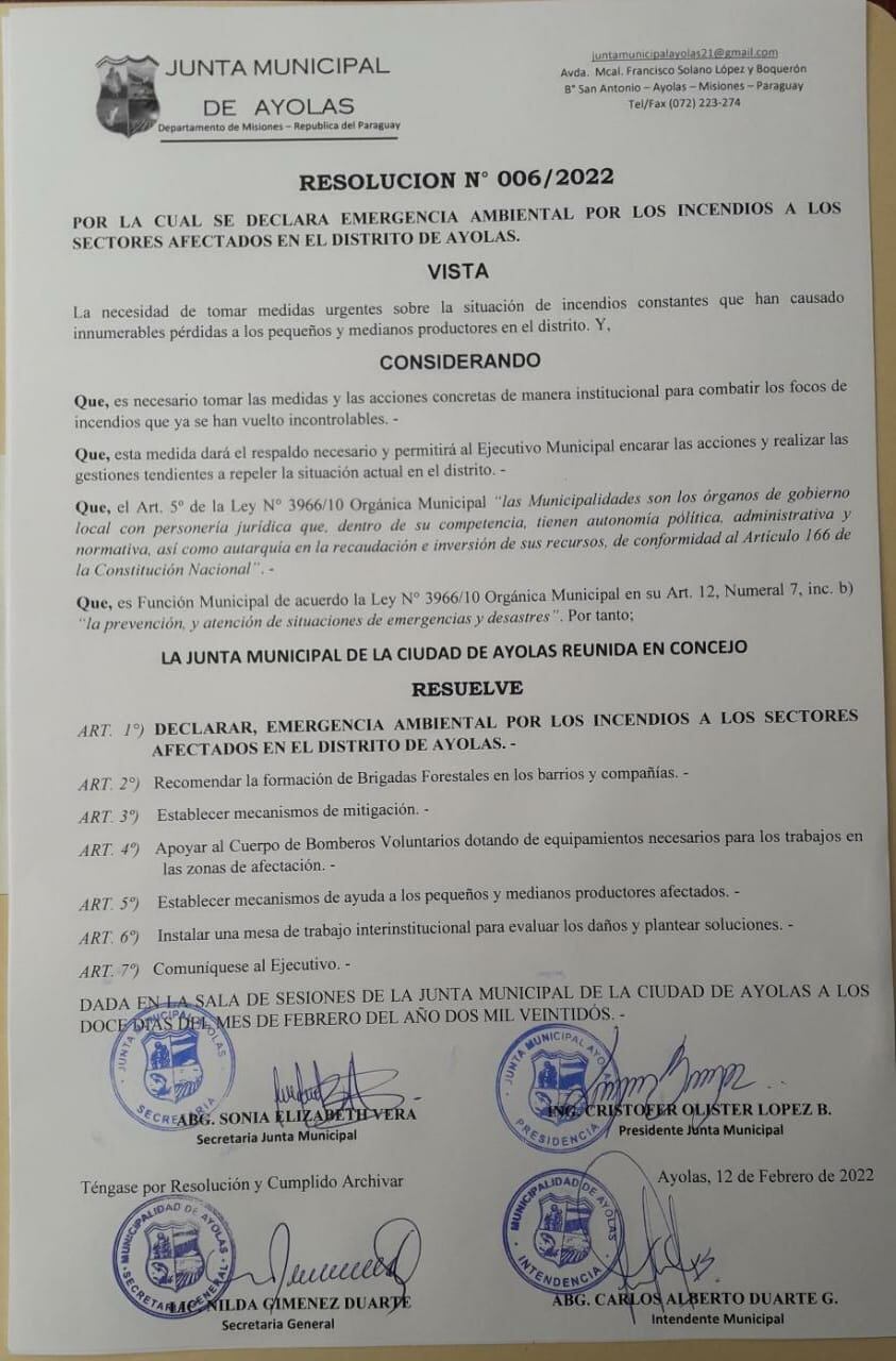 Mediante una resolución informaron la declaración de emergencia ambiental. Foto: Gentileza.