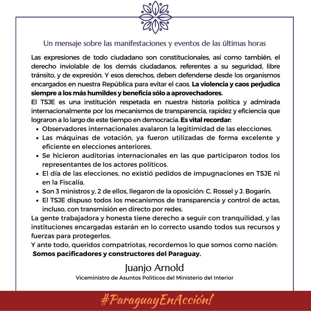 Mensaje del viceministro Juanjo Arnold, sobre las manifestaciones, publicado en su Twitter. Foto: Gentileza