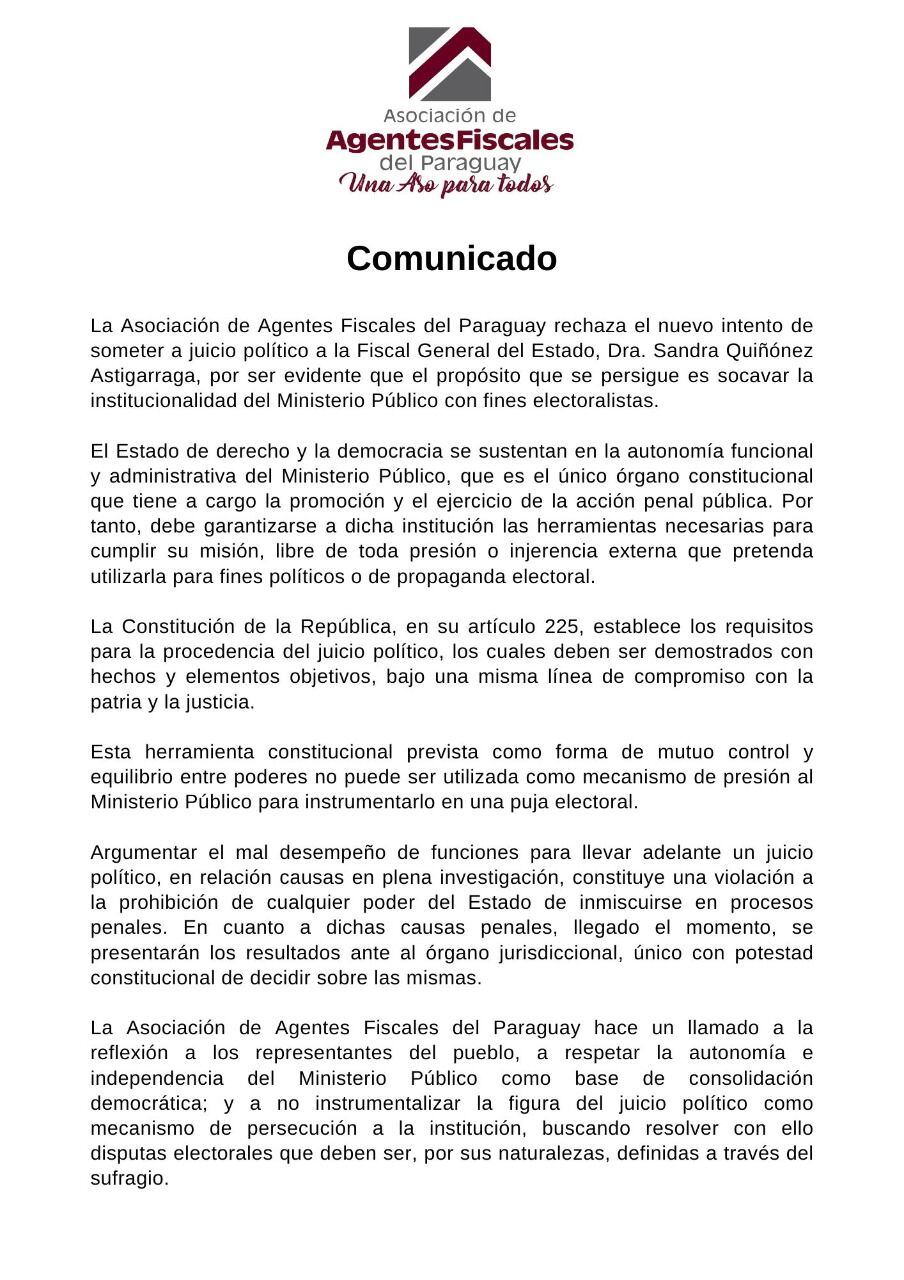 Comunicado difundido por la Asociación de Agentes Fiscales del Paraguay. Foto: Gentileza.