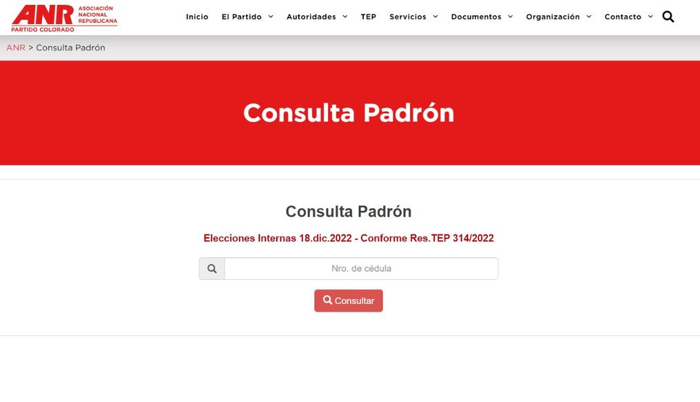 El sitio web del Partido Colorado dispone de un apartado para consulta del padrón partidario: https://www.anr.org.py/consulta-padron. Foto: Captura de pantalla.