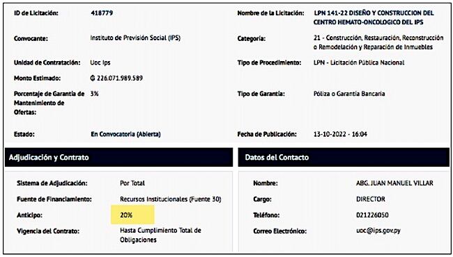 Llamado del proyecto publicado en el portal de la DNCP, donde se menciona que el anticipo fijado es del
20% a ser adjudicado.