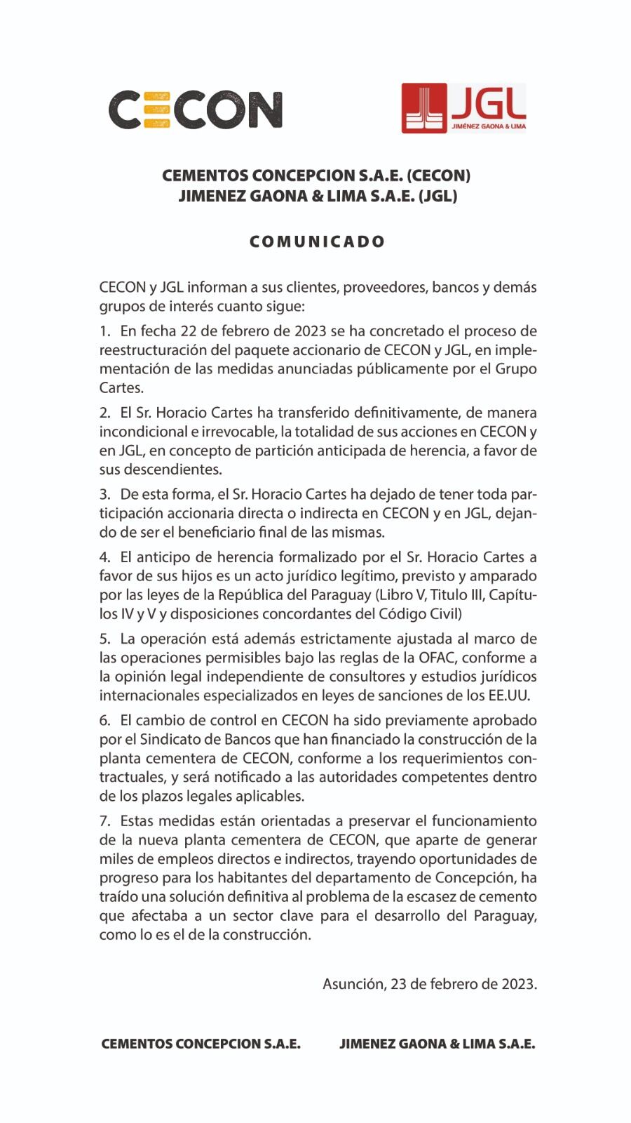 Comunicado emitido este jueves por las empresas paraguayas. Foto: Gentileza.