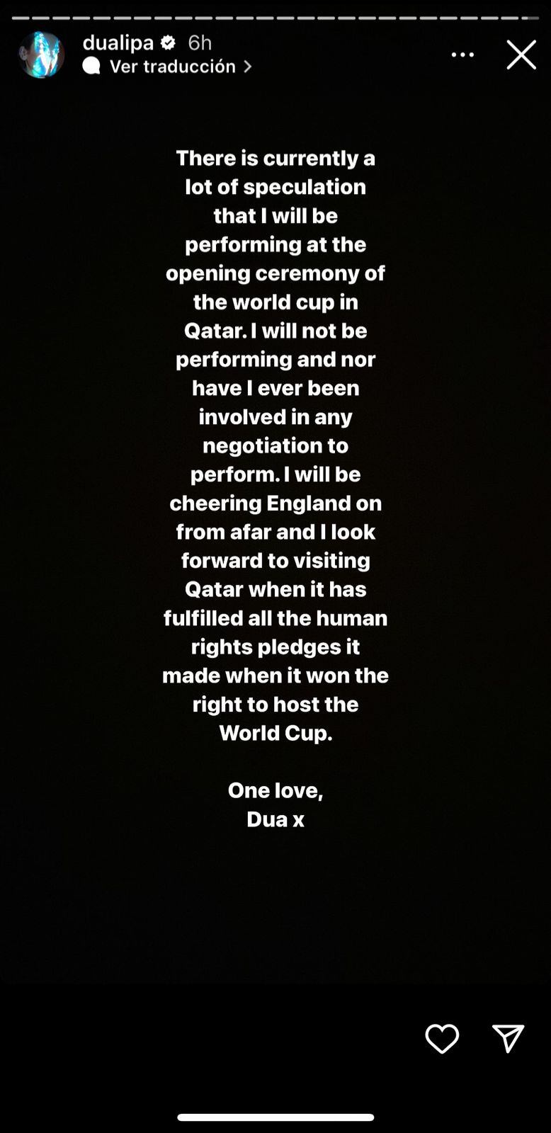Mensaje de la cantante vía historias de Instagram. Foto: Captura de pantalla. 