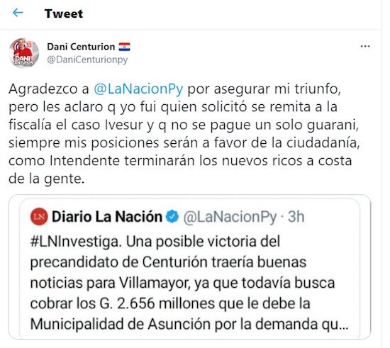 Tuit de Daniel Centurión sobre la publicación de este medio.