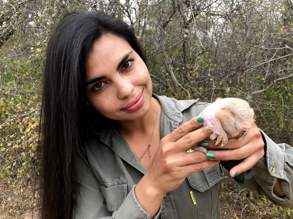 La ingeniera ambiental Ely Ramos acompañó a los Vinke para captar al misterioso pichiciego. Foto: Gentileza.