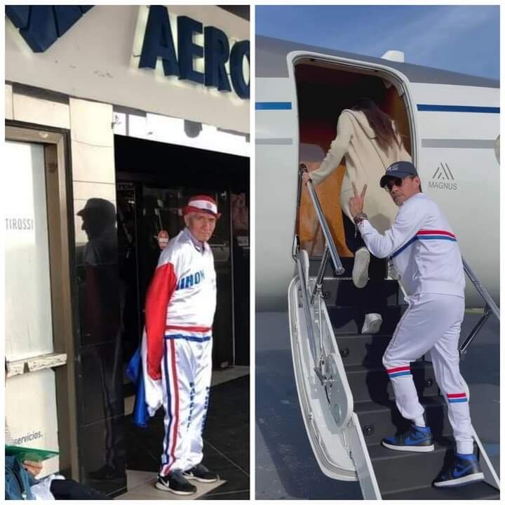 La comparación del atuendo de Marc Anthony para llegada al país con el personaje popular pájaro campana. Foto: Gentileza.