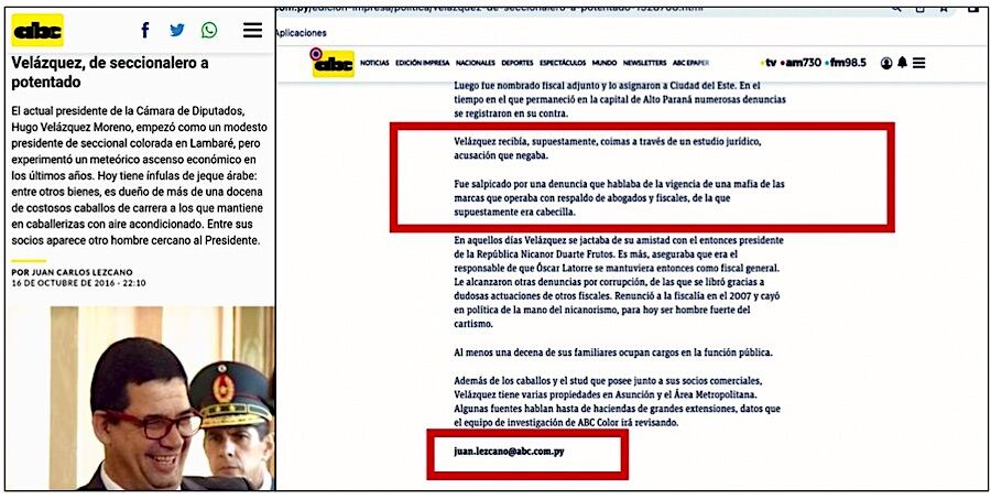 Parte de un largo artículo de periodista de Abc Color sobre la sospechosa fortuna y el historial de Hugo Velázquez.foto: