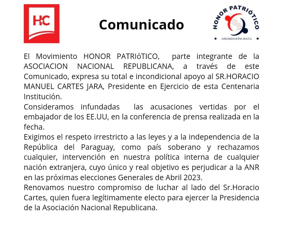 Comunicado emitido por el movimiento Honor Patriótico. Foto: Gentileza.