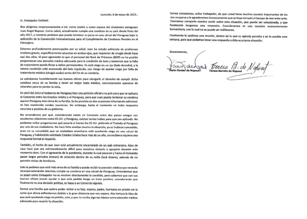 La madre y la esposa de Juan Ángel Napout firman la carta con el pedido humanitario al Gobierno de EE. UU., a través de su embajador en Asunción. Foto: Gentileza