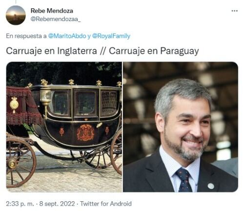 En Twitter, un internauta nombró al mandatario como "carruaje real" dentro de un chiste gráfico. Foto: Gentileza.