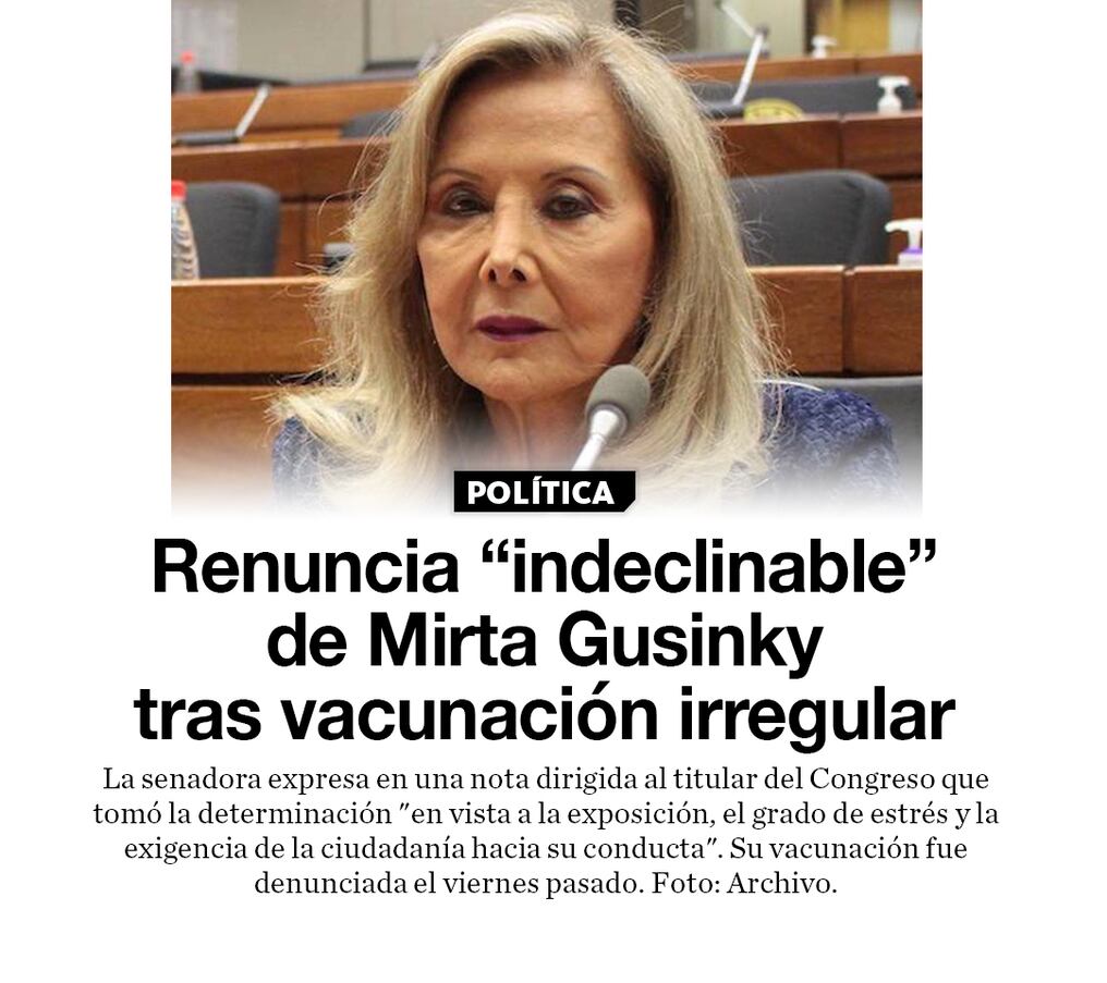 Renuncia “indeclinable” de Mirta Gusinky tras vacunación irregular