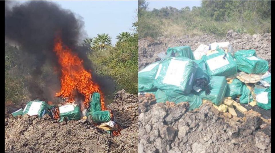 Más de 500 kilos de cocaína y 498 kilos de marihuana se incineraron en el local de la Senad de Chaco´i. Foto: Gentileza.