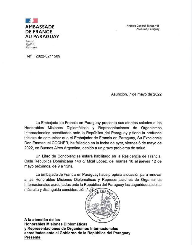 Comunicado emitido por la Embajada de Francia. Foto: Gentileza.