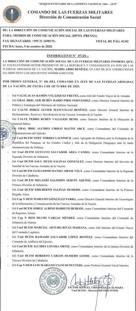 La Dirección de Comunicación Social de las Fuerzas Militares informó sobre la orden general N° 186 del Comando en Jefe de las FFAA. Foto: Gentileza.