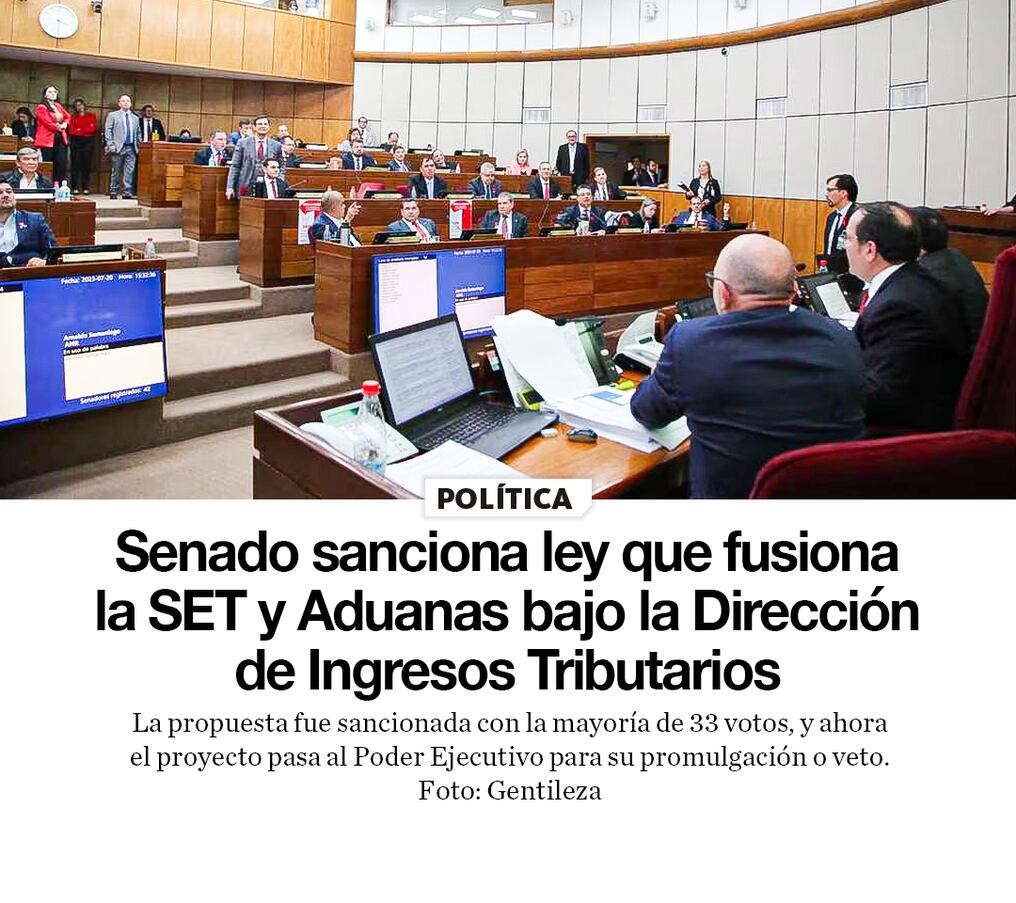 Senado sanciona ley que fusiona la SET y Aduanas bajo la Dirección de Ingresos Tributarios