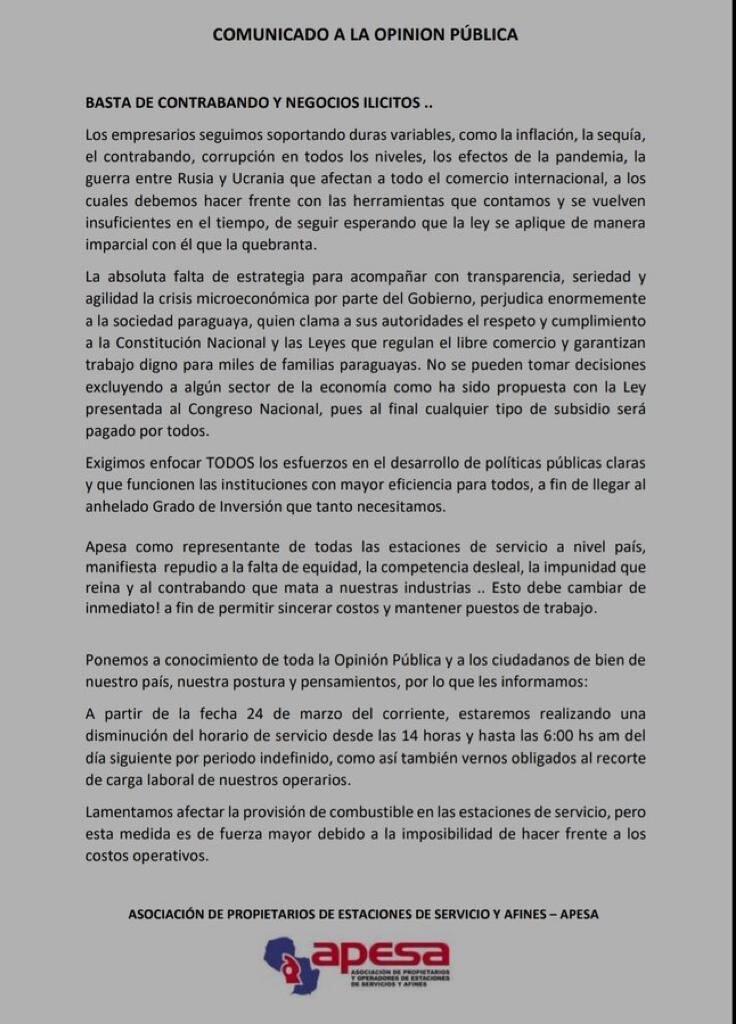 Comunicado emitido por la Apesa. Foto: Gentileza.