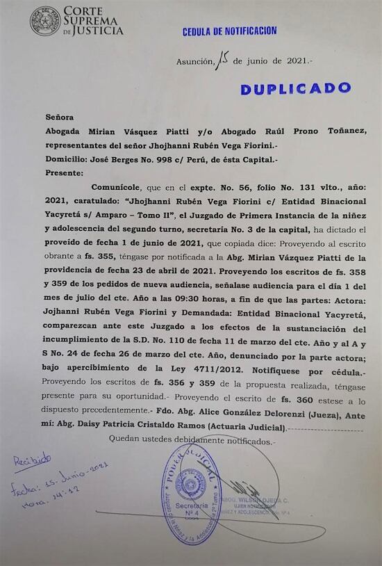 Notificación de la jueza Alice González para la nueva audiencia.