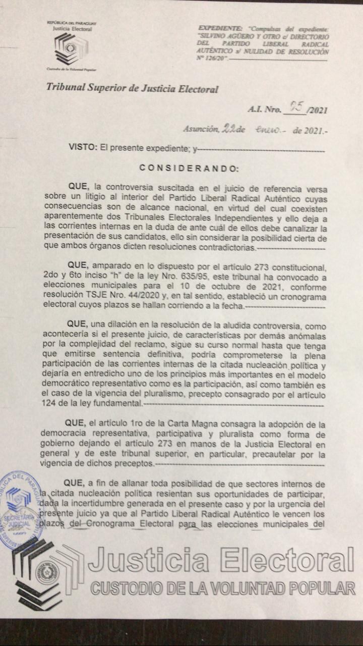 Resolución del TSJE sobre su competencia. Foto: Gentileza.