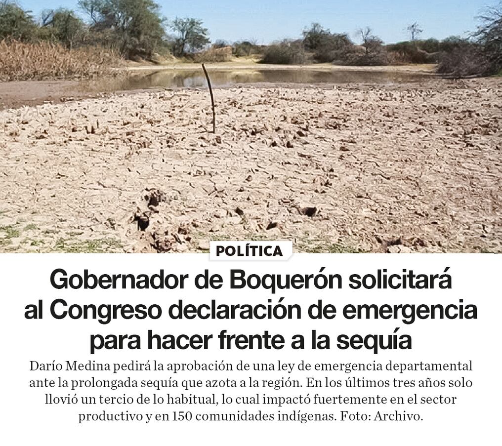 Gobernador de Boquerón solicitará al Congreso declaración de emergencia para hacer frente a la sequía