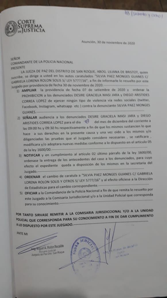 El oficio con fecha 30 de noviembre, remitido al Comandante de la Policía Nacional. Foto: Gentileza.