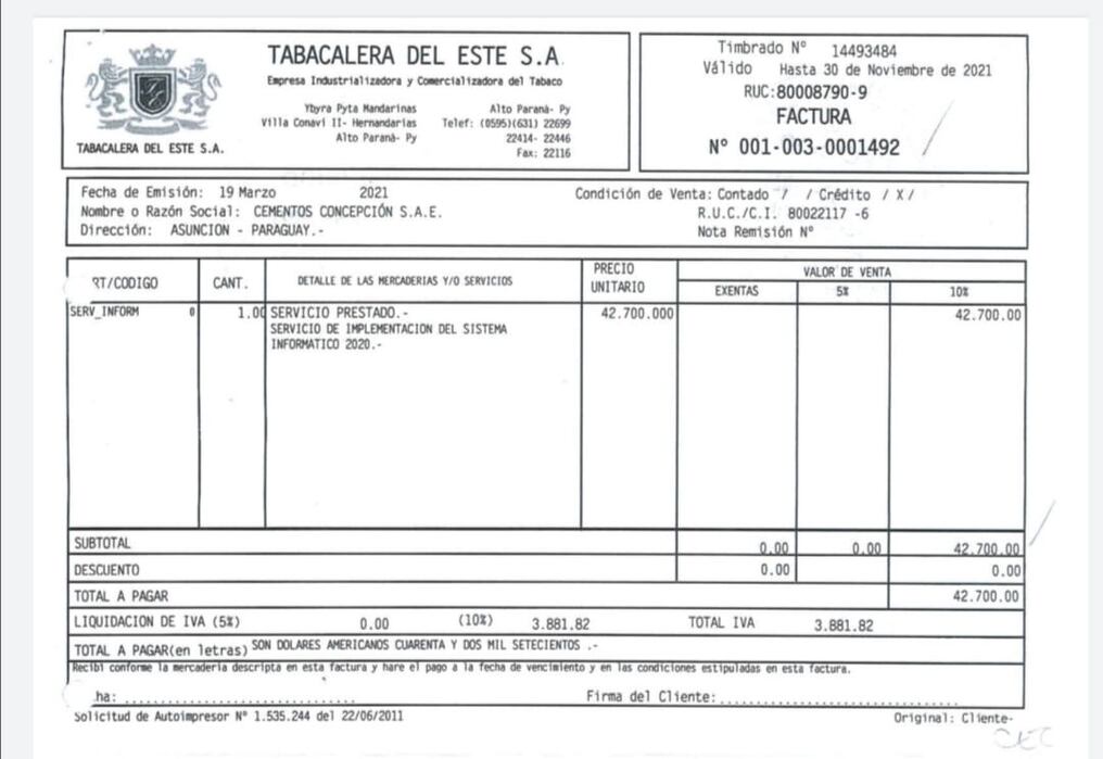 En la tarde de este lunes se entregaron muestras de las facturas tipos que Tabacalera del Este S.A. emitió a Cecon. Foto: Gentileza.