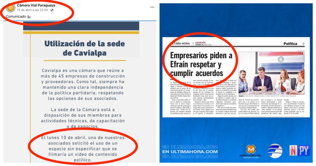 Un día después de que Cavialpa manifiesta su enojo y desconocimiento del spot proselitista de la Concertación, el diario Última Hora se encarga de blanquear la situación. Foto: Gentileza