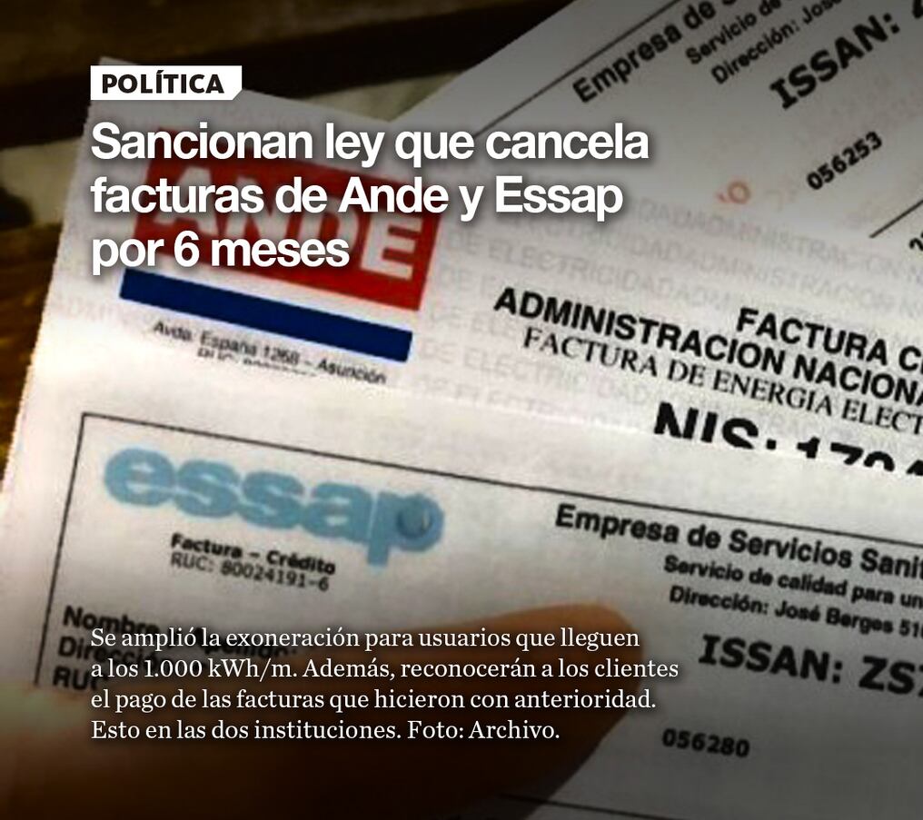Sancionan ley que cancela facturas de Ande y Essap por 6 meses
