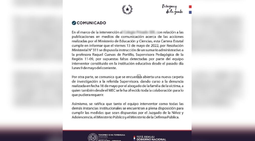 Comunicado difundido por el MEC en el que menciona el nombre de la institución educativa de Lambaré. Foto: Gentileza.