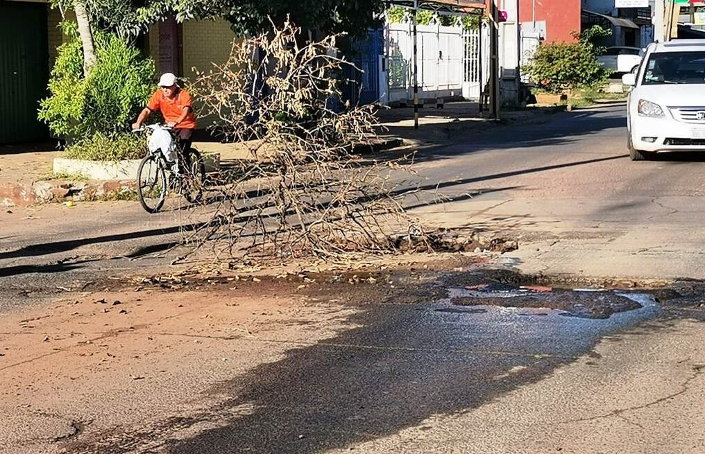 Vecinos de la ciudad de Luque colocaron ramas sobre un gigante bache que se encuentra en pleno centro y se convirtió en un peligro para automovilistas que circulan en la zona de la calle Tte. Rojas Silva y Valeriano Zeballos. Foto: Gentileza.