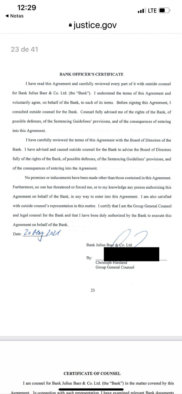 Documento oficial del acuerdo entre la justicia americana y el banco suizo).  Foto: Gentileza