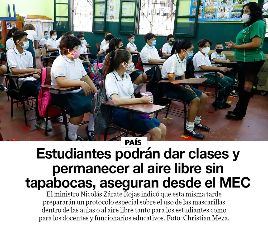 Estudiantes podrán dar clases y permanecer al aire libre sin tapabocas, aseguran desde el MEC
