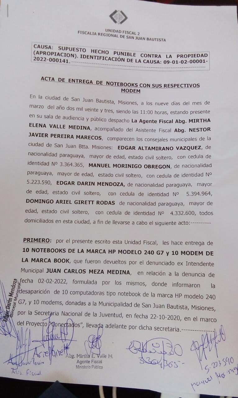 El documento fiscal que corroboró la entrega y el reconocimiento de culpabilidad del exintendente. Foto: Gentileza.