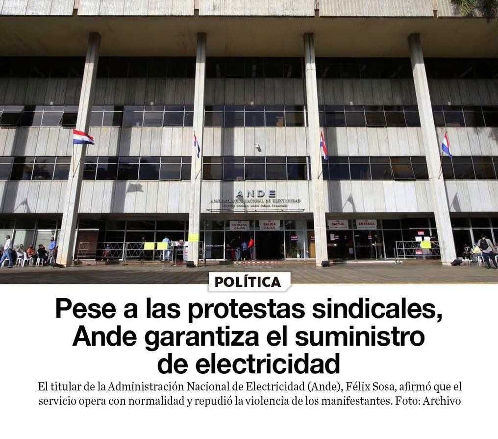 Pese a las protestas sindicales, Ande garantiza el suministro de electricidad