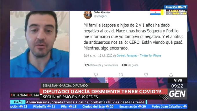 Luego de que diera positivo al test del COVID-19 el viernes y negativo ayer por la noche, el diputado Sebastián García afirmó que desde el Ministerio de Salud manosearon el resultado. Foto: Captura pantalla.