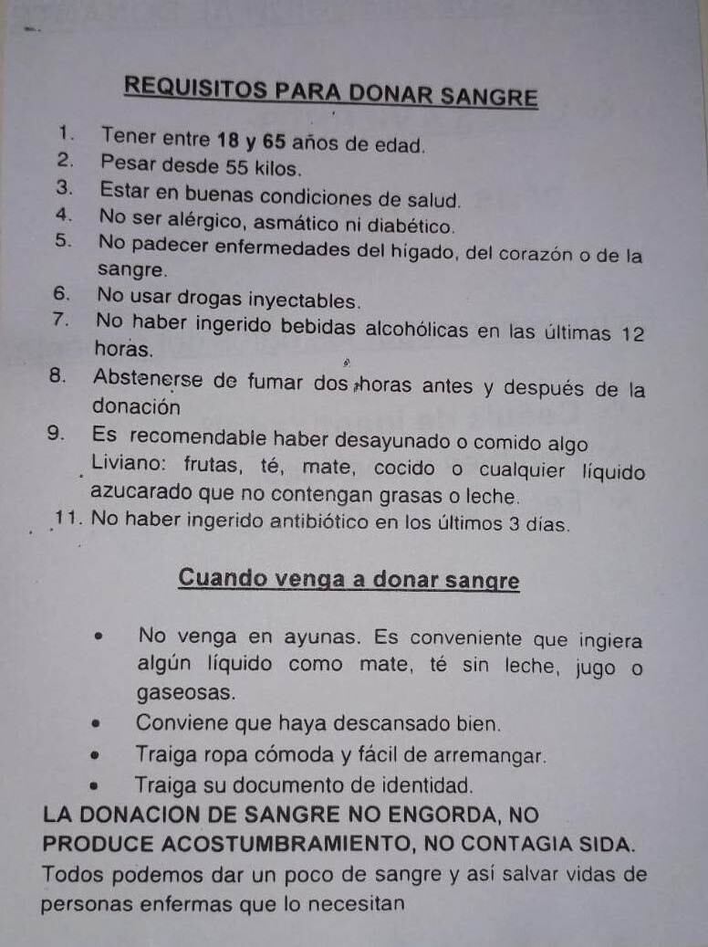 Puntos a tener en cuenta para donar sangre. Foto: Gentileza.