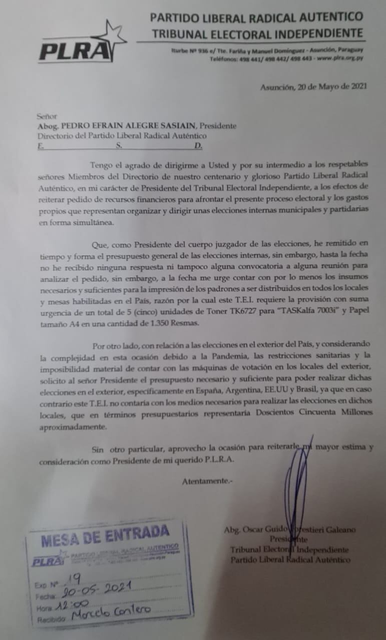 Nota presentada por el TEI en la que solicitan la compra de los insumos para las votaciones. Foto: Gentileza.
