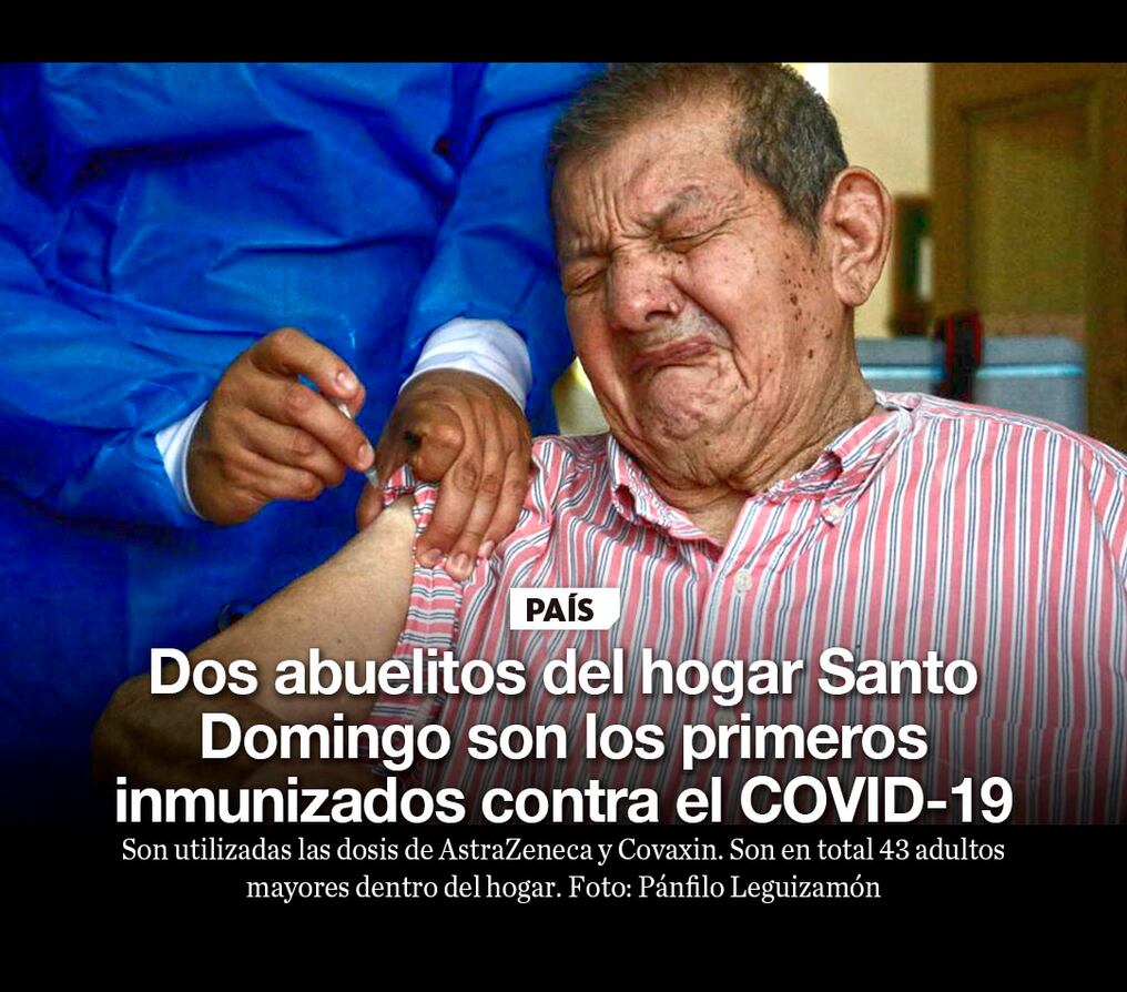Dos abuelitos del hogar Santo Domingo son los primeros inmunizados contra el COVID-19